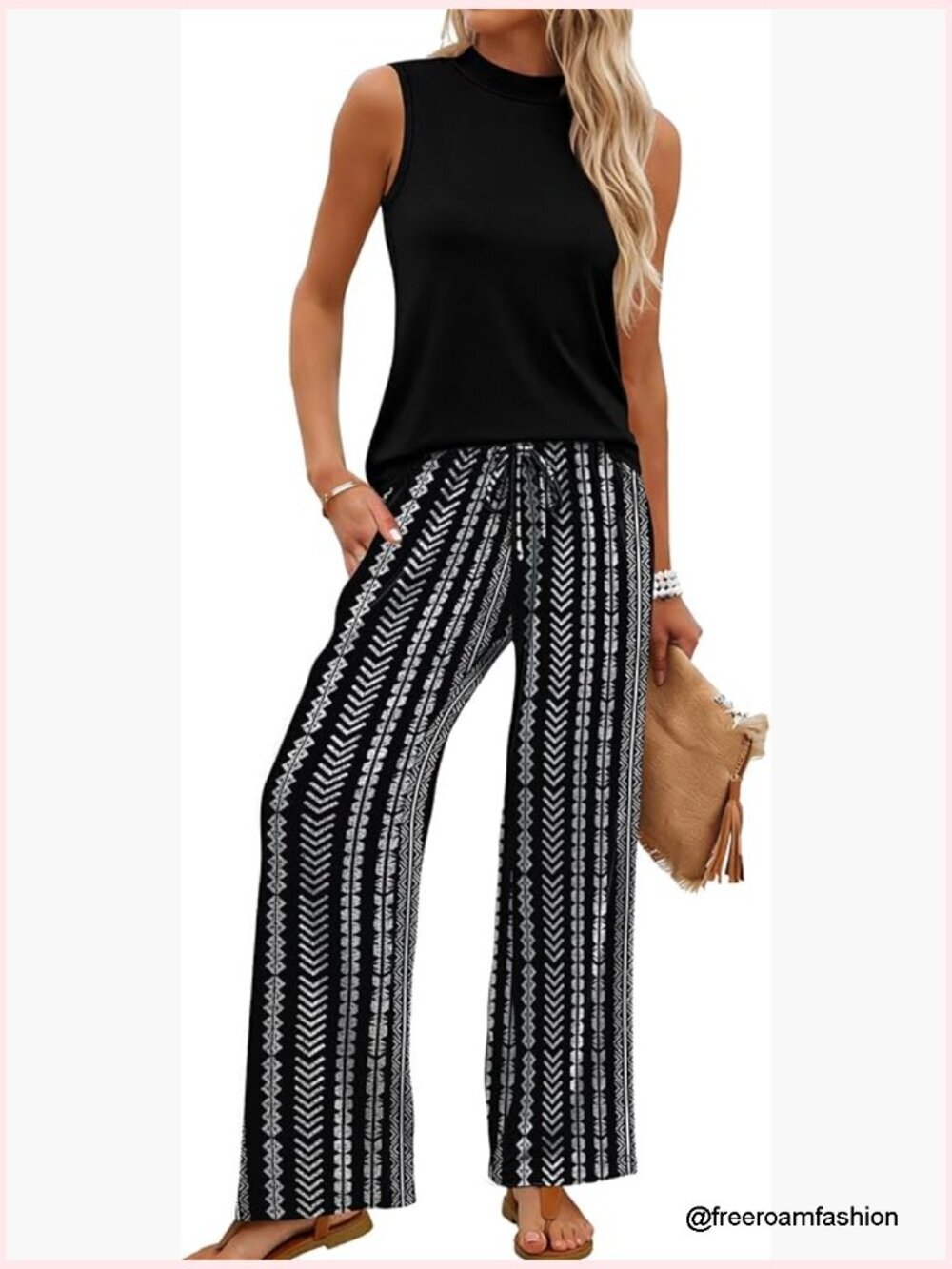 Mock Neck Sleeveless Top Wide Leg Pant Set Women Travel Summer